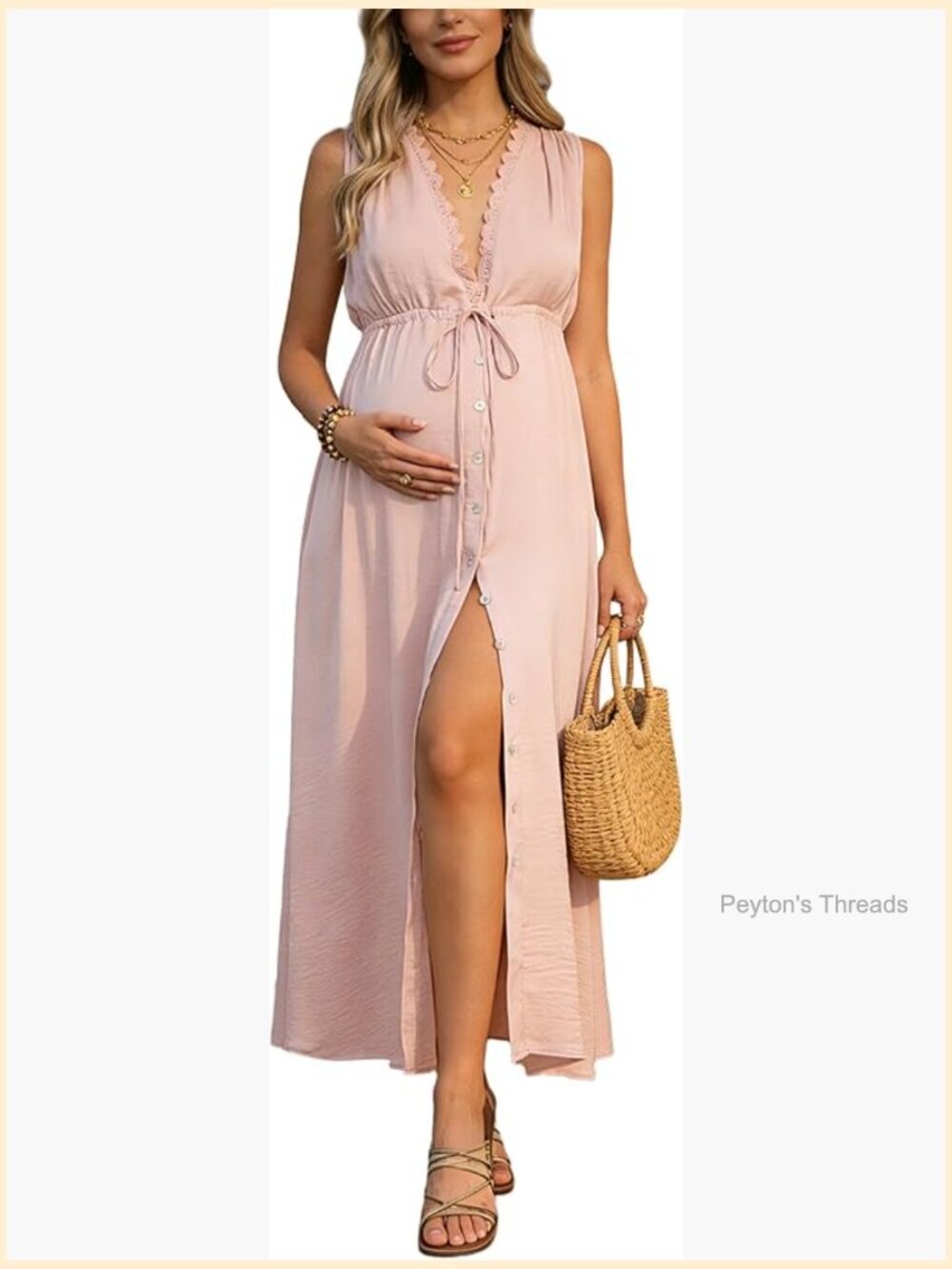 Maternity Sleeveless Lace V-Neck Maxi Long Dress with Tie Drawstring Buttons